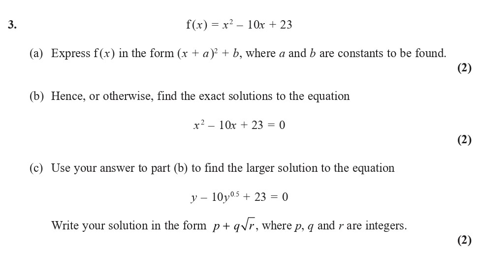 f(x)-=-x²---10x-+-23--(a)-Express-f(x)-in-the-form-(x-+-a)²-+-b,-where-a-and-b-are-constants-to-be-found-Edexcel-A-Level Maths Pure-Question 5-2018-Paper 1.png